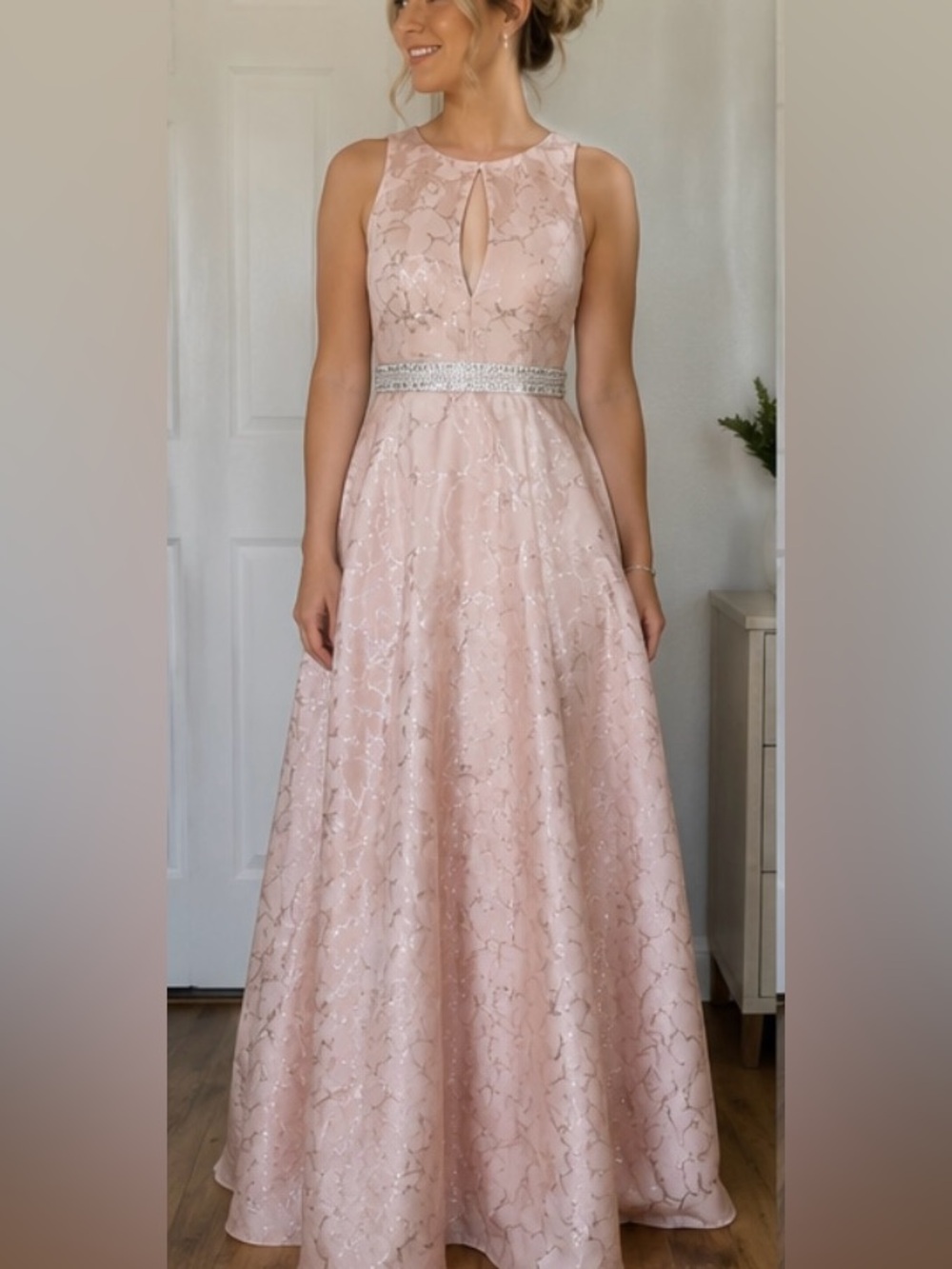 Dear Moon Pink Floral Glitter Formal Prom Dress Rhinestone Waist A-Line Maxi 7